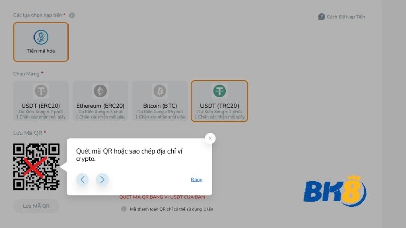 Hỗ trợ nạp USDT bằng QR trên ERC20 và TRC20